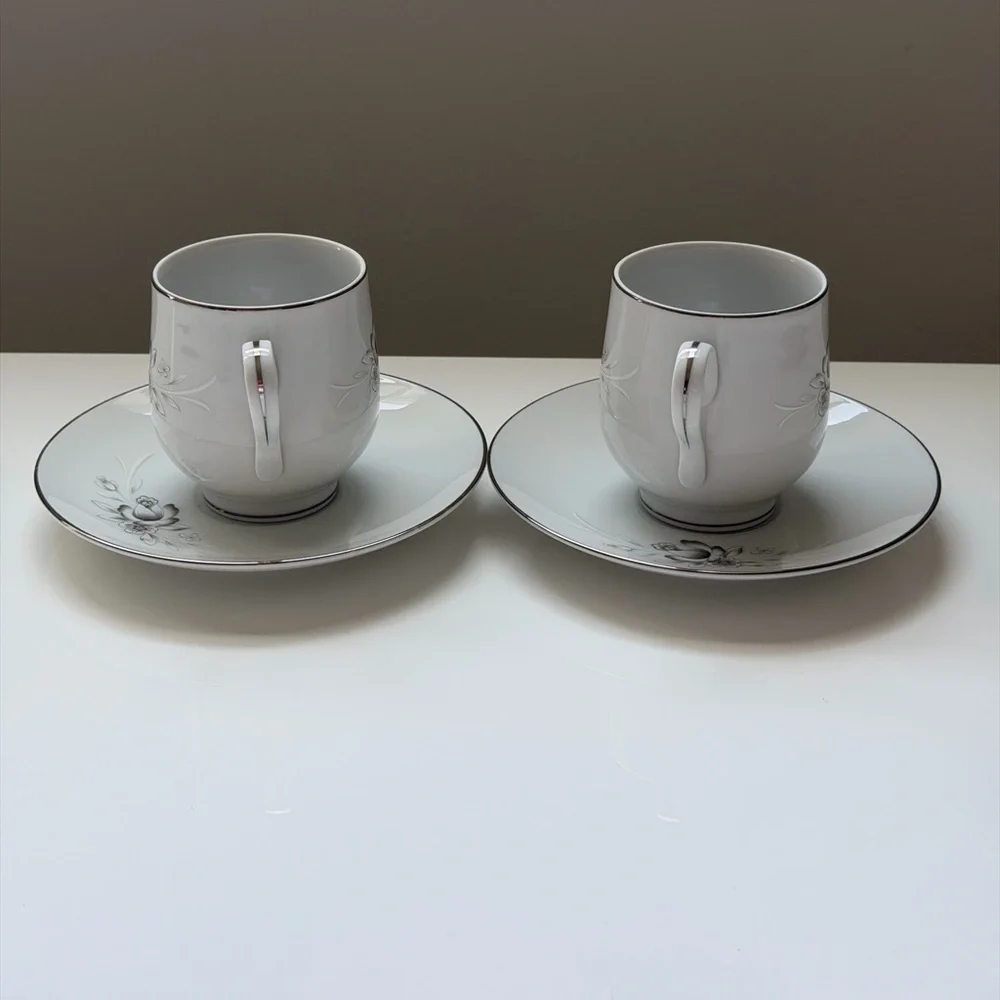 Sango Morena White Porcelain Tea Cup and Saucer Set with Floral Motif - 2 Piece